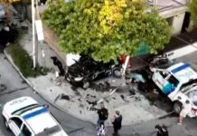 Persecución y choque en Avellaneda: un patrullero volcó y un auto terminó dentro de un garaje